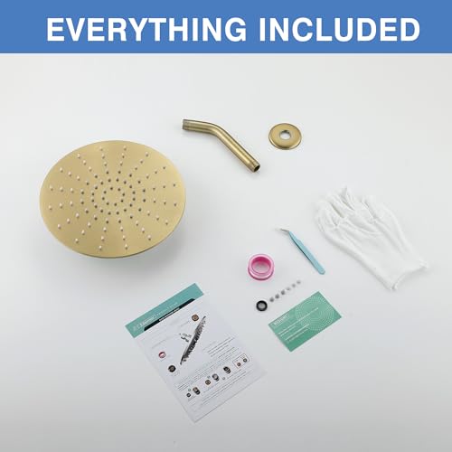 Solid Metal Rain Shower Head, Round High Flow Rainfall Shower Head with Shower Arm and Flange, Reinforced Explosion-Proof Stainless Steel Construction (10-Inch, Brushed Gold) - color: Brushed Gold, size: 10 Inch