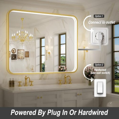 43X36 Inch Gold Framed LED Lighted Bathroom Mirror - color: Gold, size: 43"L x 36"W