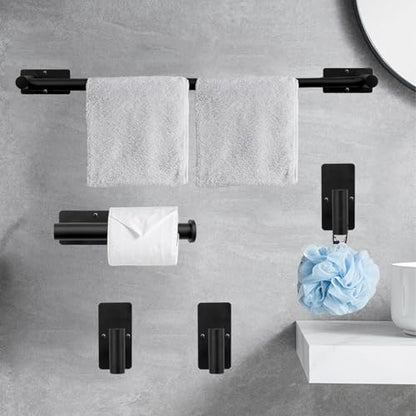 5 PCS Self Adhesive Bathroom Hardware Set, Stainless Steel Towel Rack Set Include Adjustable 24In Bath Towel Bar+Toilet Paper Holder+3 Towel/Robe Hooks Bathroom Accessory(Matte Black) - color: Matte Black, size: 24 In-5 Pcs