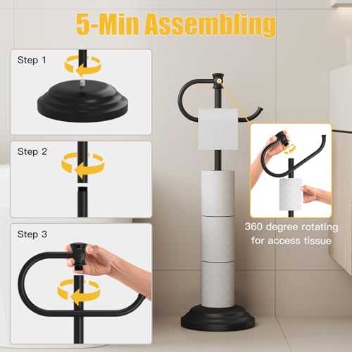 Toilet Paper Holder Floor Stand, Bathroom Freestanding Black | Toilet Tissue Roll Holder, Free Standing Rack with Storage, Weighted Base Accessories, SUS304 Stainless Steel Rustproof - color: Black