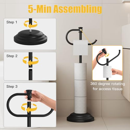Toilet Paper Holder Floor Stand, Bathroom Freestanding Black | Toilet Tissue Roll Holder, Free Standing Rack with Storage, Weighted Base Accessories, SUS304 Stainless Steel Rustproof - color: Black