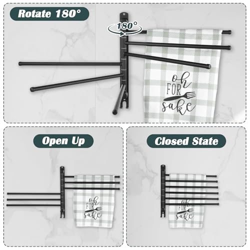 Swivel Towel Rack, Towel Bar with Wall Mounted 180° Rotation, 6 Arms Towels Hanger SUS 304 Stainless Steel, Space Saving for Kitchen, Bathroom, Outdoor (Matte Black)