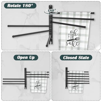 Swivel Towel Rack, Towel Bar with Wall Mounted 180° Rotation, 6 Arms Towels Hanger SUS 304 Stainless Steel, Space Saving for Kitchen, Bathroom, Outdoor (Matte Black)