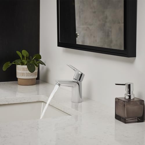 GROHE BauLoop Bathroom Sink Faucet, Single Hole Deck Mount,Starlight Chrome | Single Hole Vanity Faucet: Comfortable Angled Spout, Water Saving 1.2 GPM, Smooth Valve, Metal Body, No Drain | 23085001 - size: S-Size - No Drain