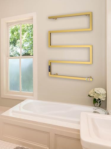Towel Warmer Rack for Bathroom with Timer/Fahrenheit Temperature Control Wall Mounted Electric Heated 5 Bar Rail Plug-in or Hardwired Keep Bath Shower Towel Warming (Brushed Gold) - color: Brushed Gold