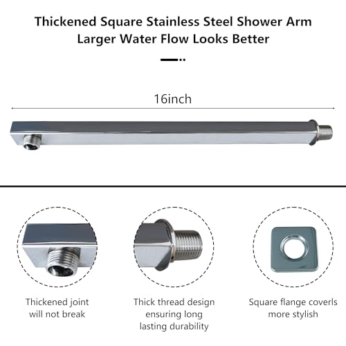 Rain Shower Head Brushed Nickel with Extension Arm 16 Inch Square Shower Head with 16 Inch Shower Arm Large Stainless Steel Rainfall Showerhead Waterfall Full Body Coverage - color: Brushed Nickel, size: 16inch