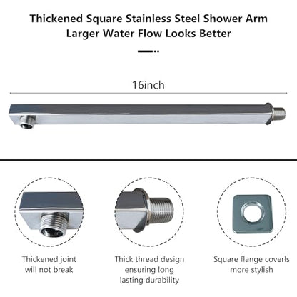 Rain Shower Head Brushed Nickel with Extension Arm 16 Inch Square Shower Head with 16 Inch Shower Arm Large Stainless Steel Rainfall Showerhead Waterfall Full Body Coverage - color: Brushed Nickel, size: 16inch
