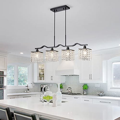 WUZUPS Crystal Chandelier 4-Light Linear Raindrop Pendant Ceiling Light Modern Lighting Fixture for Bedroom Dinning Room Bar Kitchen Island, H8.7'' W4.7'' L30.5, E12 Base, Black - color: Black Pendnat Light
