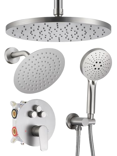 Woindo Shower Faucet Set 10" Rain Shower Head/8'' Side Shower Head and 3 Setting Handheld Ceiling Mount 3 Push Button Diverter Complete Rainfall Round Shower System Included Valve Trim Kit - color: Brushed Nickel, style: 10"-R-Ceiling-02