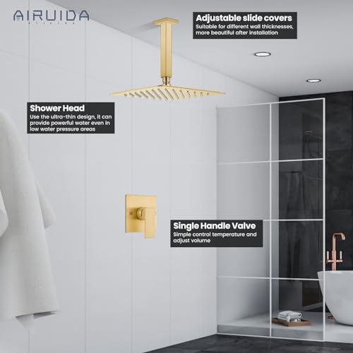 Airuida 10 Inch Brushed Gold Shower Faucet Set,Rainfall Shower System | Ceiling Shower Head,Male Thread Rough-in Valve,Ceiling Mount,Single Handle - color: Brushed Gold, size: 10 Inch