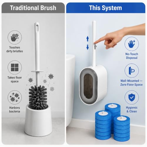Gray Disposable Toilet Brush System with 24 Refill Heads, Hygienic Cleaning Wand with Wall Mount Holder, Bathroom Essentials for Home and RV