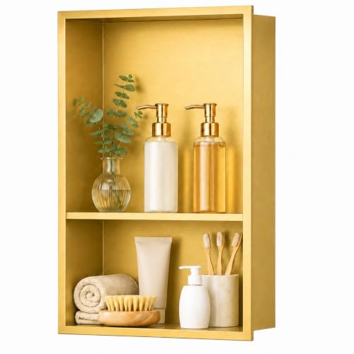 SaniteModar Stainless Steel Shower Niche Insert 12" x 18" Brushed Gold | No Tile Needed, Recessed Bathroom Niche 2-Tier, Waterproof, Space-saving, Easy Setup, Built-in Storage for Bathroom, Kitchen - color: Brushed Gold, size: 18" x 12", Double