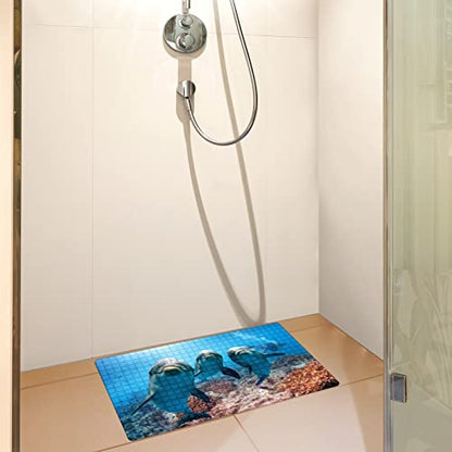 Bath Tub Mat Non Slip Shower Mat Three Dolphins Swiming in The Sea Extra Long Bathtub Mat 26.8x15 inches Bathroom Bath Mat with Suction Cups Drain Holes Machine Washable - color: Three Dolphins Swiming in the Sea