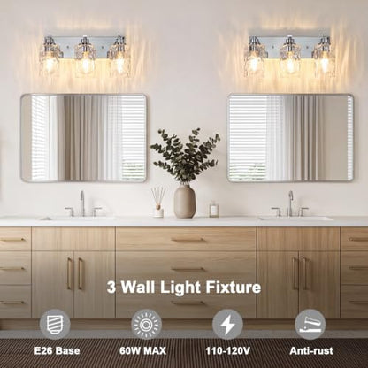 3-Light Bathroom Light Fixtures Modern Chrome Vanity Lights | Easy to Install Clear Hammered Glass Shades, Rippled Glow, Wall Mount Up or Down, E26 Socket, Hardwired, 120V - color: Chrome Hammer, size: 3 Lights