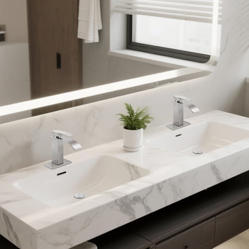 Bathroom Faucets Brushed Nickel Waterfall Bathroom Sink Faucet 2 Pack | with Pop-up Drain & Deck,Supply Hoses,Single Handle Vanity Faucet,Stainless Steel,1 or 3 Hole,RV,Farmhouse Bathrooms - color: A-Brushed Nickel x 2, style: Short