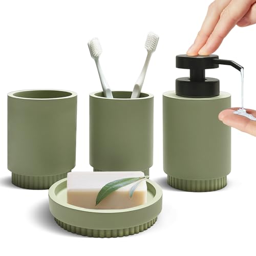 Resin Bathroom Accessories Set, 4 Pcs Modern Bathroom Accessory Set with Liquid Plastic Pump Lotion Soap Dispenser,2 Toothbrush Cup, Soap Dish Countertop Vanity Organizer(Sage Green) - color: Sage Green