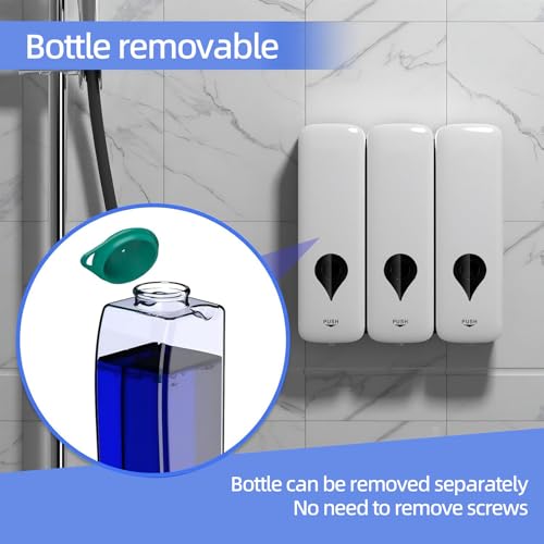 Shampoo and Conditioner Dispenser, 3 Chamber 3x300ml, Wall Mount, No Drill | Refillable Body Wash and Shower Soap Dispenser Set for Bathroom Hotel Kitchen Home - color: White 3-pack