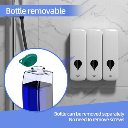 Shampoo and Conditioner Dispenser, 3 Chamber 3x300ml, Wall Mount, No Drill | Refillable Body Wash and Shower Soap Dispenser Set for Bathroom Hotel Kitchen Home - color: White 3-pack