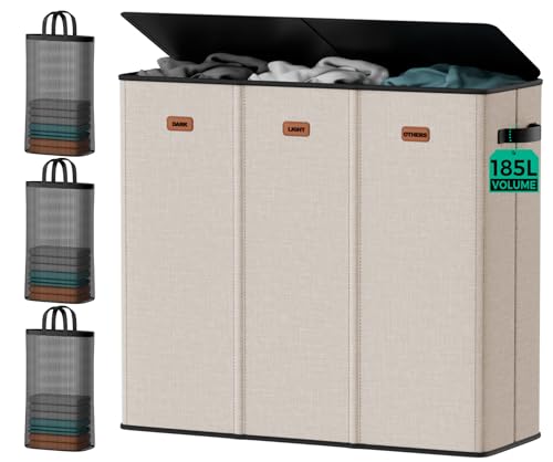 185L Laundry Hamper 3 Section with Lid & Removable Bags | Collapsible laundry basket organizer for laundry room, bedroom & dorm with 3 removable washing bags - color: Beige, size: 185L - 3 Section