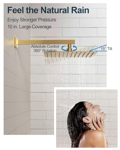 Shower Faucet Set, 10" & 6" Dual Rainfall Shower Heads System for Wall Mount with Slide Bar & Handheld Sprayer, Brushed Gold - color: Brushed Gold