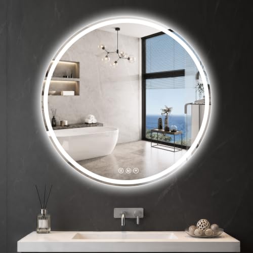 Round LED Bathroom Mirror, 40 Inch, HD Shatterproof Tempered Glass | Lighted Bathroom Mirror with Dimmable Lights Bathroom Mirror with Lights for Wall, 3 Color Temperatures - size: 40"L x 40"W