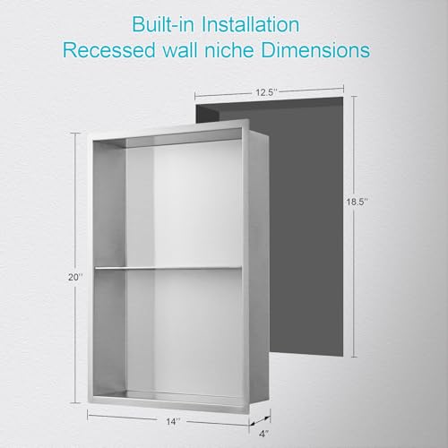 14x20 Inch Brushed Nickel Shower Niche, No Tile Needed Stainless Steel Recessed Bathroom Wall Niche with Double Shelves for Shower Storage - size: 14x20" - Brushed Nickel