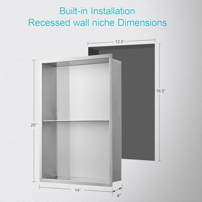 14x20 Inch Brushed Nickel Shower Niche, No Tile Needed Stainless Steel Recessed Bathroom Wall Niche with Double Shelves for Shower Storage - size: 14x20" - Brushed Nickel