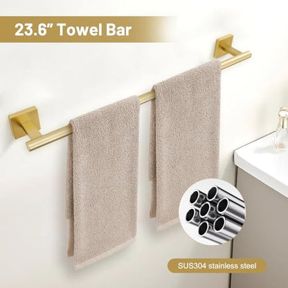 TURS 5-Pieces Brushed Gold Bathroom Hardware Set 23.6 Inch SUS304 Stainless Steel Towel Bar Set Wall Mounted Square Toilet Paper Holder with Shelf - color: Brushed Gold, size: 5-Pieces Set