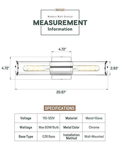 2-Light Chrome Bathroom Vanity Light Fixtures, Clear Glass Shade | Modern bathroom wall sconces, vertical/horizontal mounting, E26 base, hardwired, bulbs not included, VL834-CH-CL - color: Chrome-Clear Glass