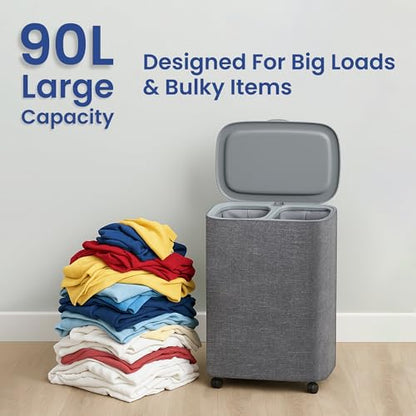 Dual Section 90L Laundry Basket with Wheels and Lid – Tall divided Double Laundry Hamper with 2 Removable Washable Bags, Large Laundry Sorter for Easy Clothes Separation