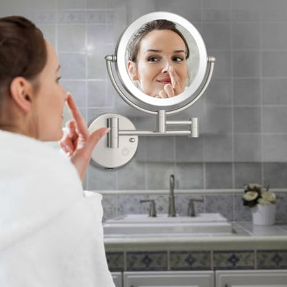 8 Inch Rechargeable Brass Lighted Magnifying Mirror Wall Mounted, 1X/5X Double-Sided Bathroom Personal Makeup Mirror with Light, Brushed Nickel | 8-Inch, 1X/5X Magnification, 2-Sided, Bathroom Personal Makeup Vanity, Brass Extended Arm, 360 Rotation, 3 Co