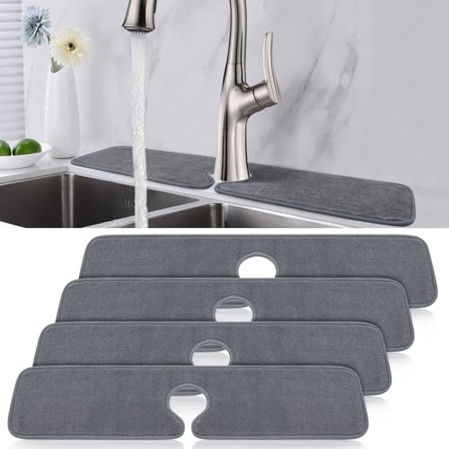 PoYang 4 Pack Faucet Mat for Kitchen Sink Splash Guard, Long 24x5.1 Inch | Super Absorbent Microfiber Faucet Mat, Catch Splashes and Drips, Machine Washable Sink Protectors for Kitchen, Bathroom & RV - size: 24" x 5.1"