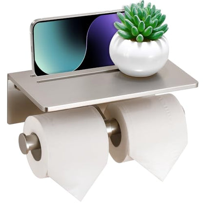 Toilet Paper Holder - Aluminium Double Roll Toilet Tissue Holder with Mobile Phone Shelf for Bathroom, 3M Self Adhesive No Drilling or Wall-Mounted, Rustproof Modern Style Brushed Nickel