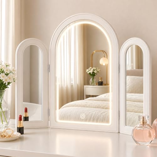 Trifold Vanity Mirror with LED Lights 30"Hx37"W, 3 Way Large Makeup Mirror for Tabletop or Wall Mount, Arched Decorative Cosmetic Mirror, Countertop Mirror, Smart Touch, 3 Colors Dimmable, Wood Frame - color: White