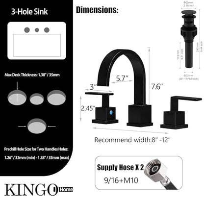 Matte Black Bathroom Faucet, Black Faucet Bathroom 3 Hole 8inch Widespread Waterfall 2 Handle Black Faucets Bathroom Sink Vanity Faucet with Pop Up Drain and Supply Lines - color: Matte Black