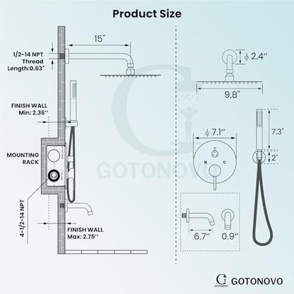 gotonovo Tub Shower Faucet Set with Valve,Polish Chrome,Straight Handheld | 10” Rain Shower Head with Handheld Trim Kit,Luxury Shower System with Tub Spout,All Metal,Bathroom Wall Mounted 3 Function - color: Chrome