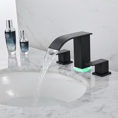 Bathroom Faucet 3 Hole, Matte Black Waterfall Bathroom Faucets, 8 Inch Widespread Modern Bathroom Sink Faucet & Parts, Wide Spread Touch On Three Hole 2 Handle Bathroom Vanity Faucet - color: Matte Black