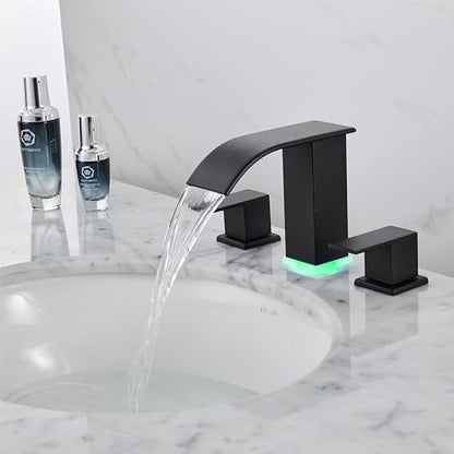 Bathroom Faucet 3 Hole, Matte Black Waterfall Bathroom Faucets, 8 Inch Widespread Modern Bathroom Sink Faucet & Parts, Wide Spread Touch On Three Hole 2 Handle Bathroom Vanity Faucet - color: Matte Black