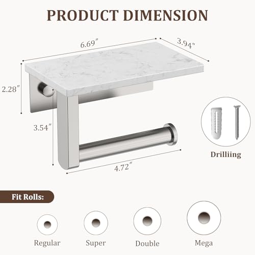 BWE Brushed Nickel Toilet Paper Holder with Marble Shelf Wall Mounted | Toilet Paper Roll Holder with Phone Shelf 304 Stainless Steel Tissue Holder for Bathroom Washroom,Saving Space - color: Brushed Nickel