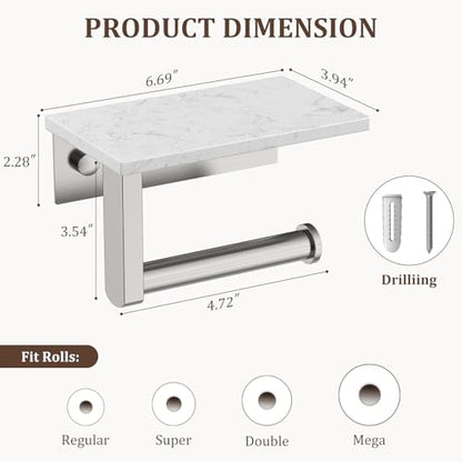 BWE Brushed Nickel Toilet Paper Holder with Marble Shelf Wall Mounted | Toilet Paper Roll Holder with Phone Shelf 304 Stainless Steel Tissue Holder for Bathroom Washroom,Saving Space - color: Brushed Nickel