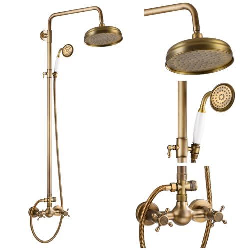 gotonovo Exposed Shower Faucet Set Luxury,Antique Brass,Straight Rod | Bathroom 8” Shower Head with Handheld Spray System Fixtures,Vintage Two Cross Handle,Wall Mount,for 5-6.7" Hole,Adjust Height - color: Antique Gold
