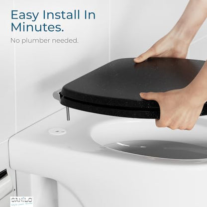 SANILO Wooden Toilet Seat with Soft Close [ROUND] - Decorative, Quiet & Slow Close Molded Wood Seat - With Strong Bumpers & Hinges - Adjustable Fit – Glittering Black - color: Glittering Black