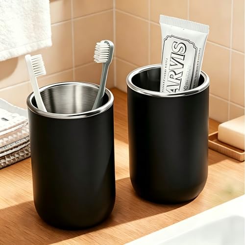 2 Pack Stainless Steel Toothbrush Cups, Rustproof Bathroom Tumbler for Toothpaste, Toothbrush, Razor, Makeup Brushes, Modern Countertop Organizer for Bathroom, Vanity, Sink,Black - color: Black