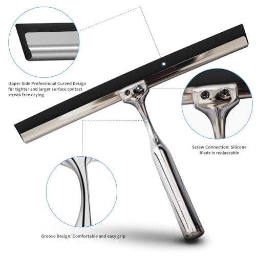 Shower Squeegee for Glass Doors Stainless Steel with Self Adhesive Hook Window Squeegee for Shower Door Bathroom Mirror Wiper, Window Glass Cleaning - size: 10 inches