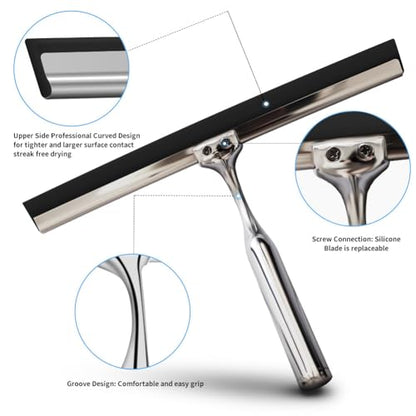 Shower Squeegee for Glass Doors Stainless Steel with Self Adhesive Hook Window Squeegee for Shower Door Bathroom Mirror Wiper, Window Glass Cleaning - size: 10 inches