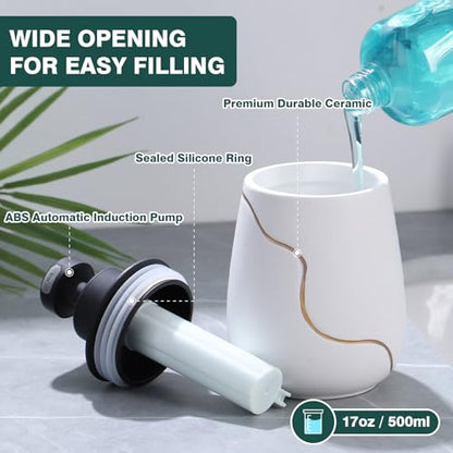 BosilunLife Rechargeable Auto Touchless Liquid Soap Dispenser 17oz Ceramic | With Elegant Golden Curved Line.With Waterproof Pump,Touch-Free Sensing.17oz Dish Soap For Kitchen And Bathroom，White - color: White, style: Liquid Pump