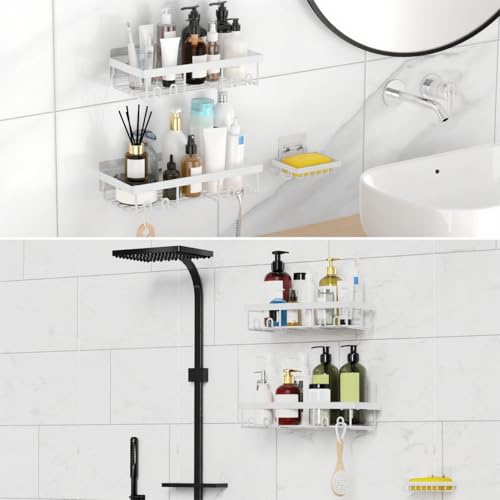 Moforoco 3-Pack Shower Caddy Basket Shelf with Soap Holder, No Drilling Traceless Adhesive Shower Wall Shelves, Rustproof Black Bathroom Shower Storage Organizer - color: White