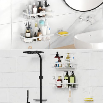 Moforoco 3-Pack Shower Caddy Basket Shelf with Soap Holder, No Drilling Traceless Adhesive Shower Wall Shelves, Rustproof Black Bathroom Shower Storage Organizer - color: White