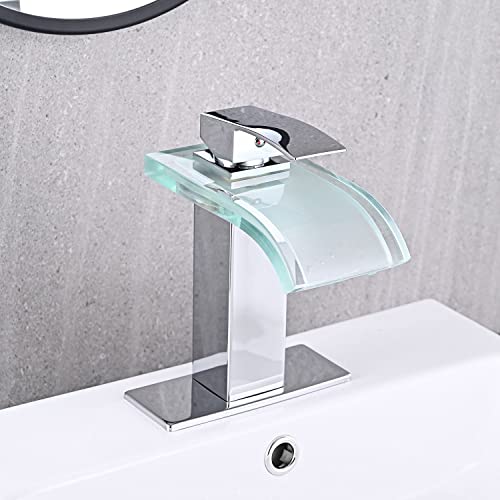 AVSIILE LED Bathroom Sink Faucet, Chrome Waterfall Single Hole Handle Vanity Faucets for Sinks 1 Hole with Metal Pop Up Drain and 2 Water Supply Lines, Wide Glass Spout - color: Chrome