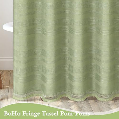 Boho Farmhouse Shower Curtain Set with Tassel, Linen Bohemian French Country Chic Bathroom Shower Curtain Set, Modern Striped Textured Shower Curtain 72x72 - Olive Green - color: Olive Green, size: 72"W x 72"L (Pack of 1)